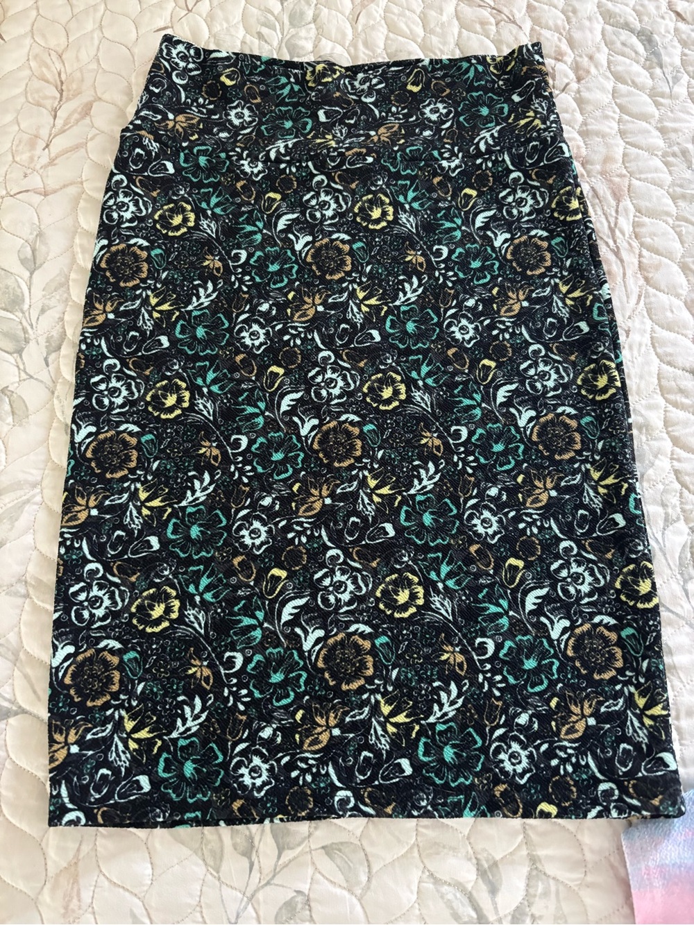 LuLaRoe Black Floral Pencil Skirt with Teal and Gold Prints